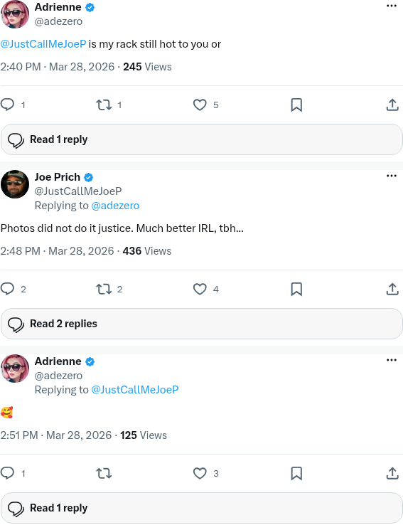 Screenshot archive of Adrienne Rockenhaus (@adezero) asking Joe Prich if her rack is still hot to him, Joe Prich replying photos did not do it justice and are much better in real life, and @adezero responding with a heart-eyes emoji.