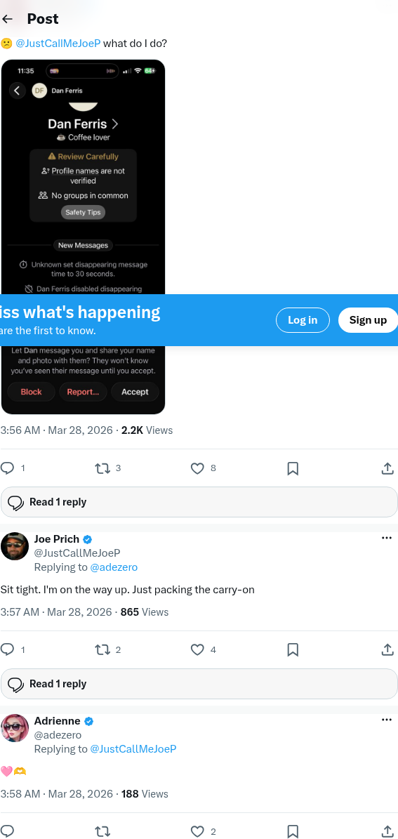 Screenshot archive of Adrienne Rockenhaus (@adezero) asking Joe Prich what to do, Joe Prich replying he is on the way up packing his carry-on, and @adezero responding with heart emojis.