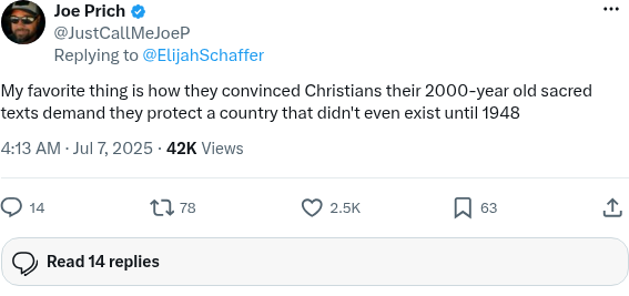 Screenshot of Joe Prich (@JustCallMeJoeP) on X posting anti-Jewish rhetoric about Israel and Christians.